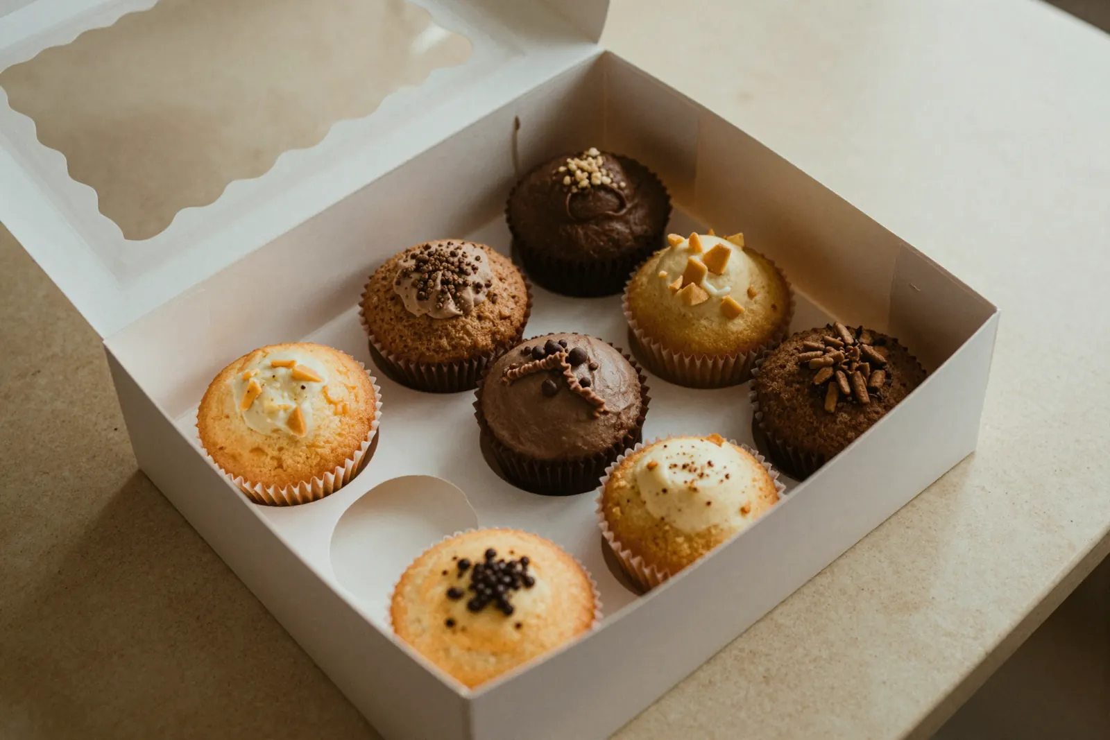 An open box of six assorted muffins