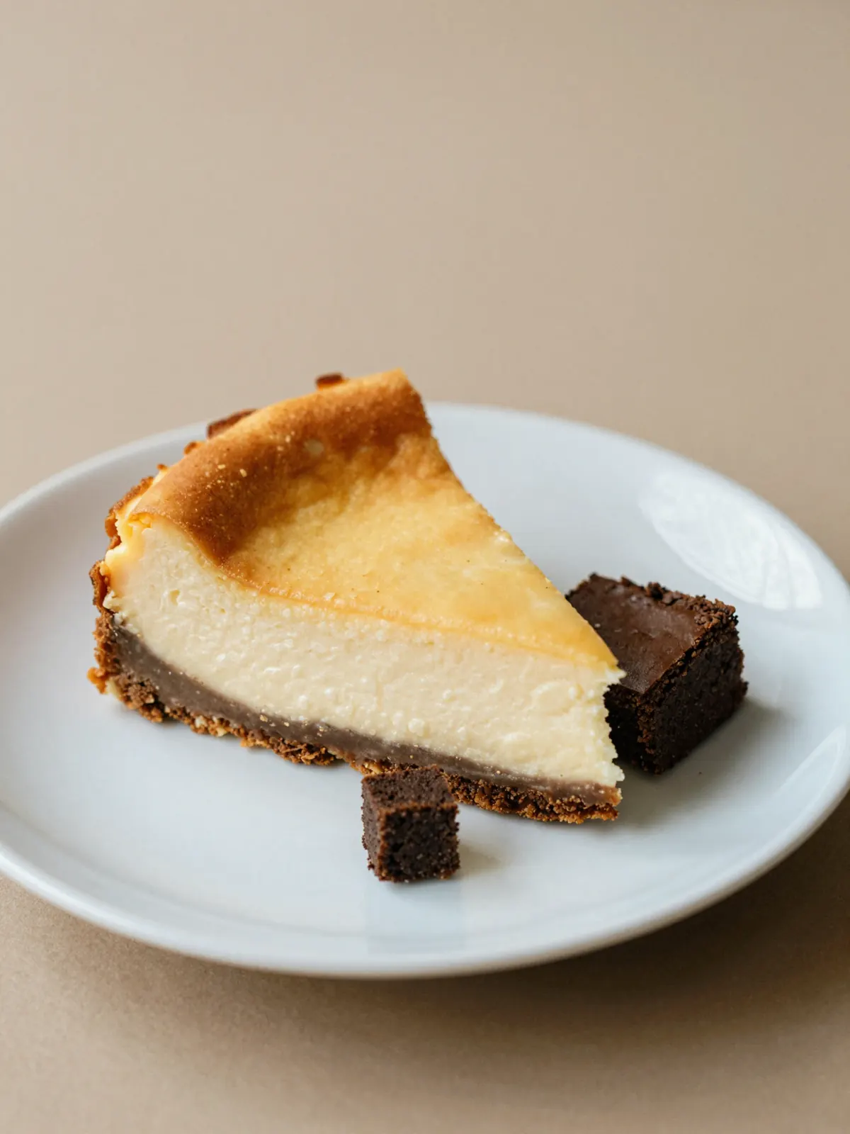 A slice of baked cheesecake and a brownie