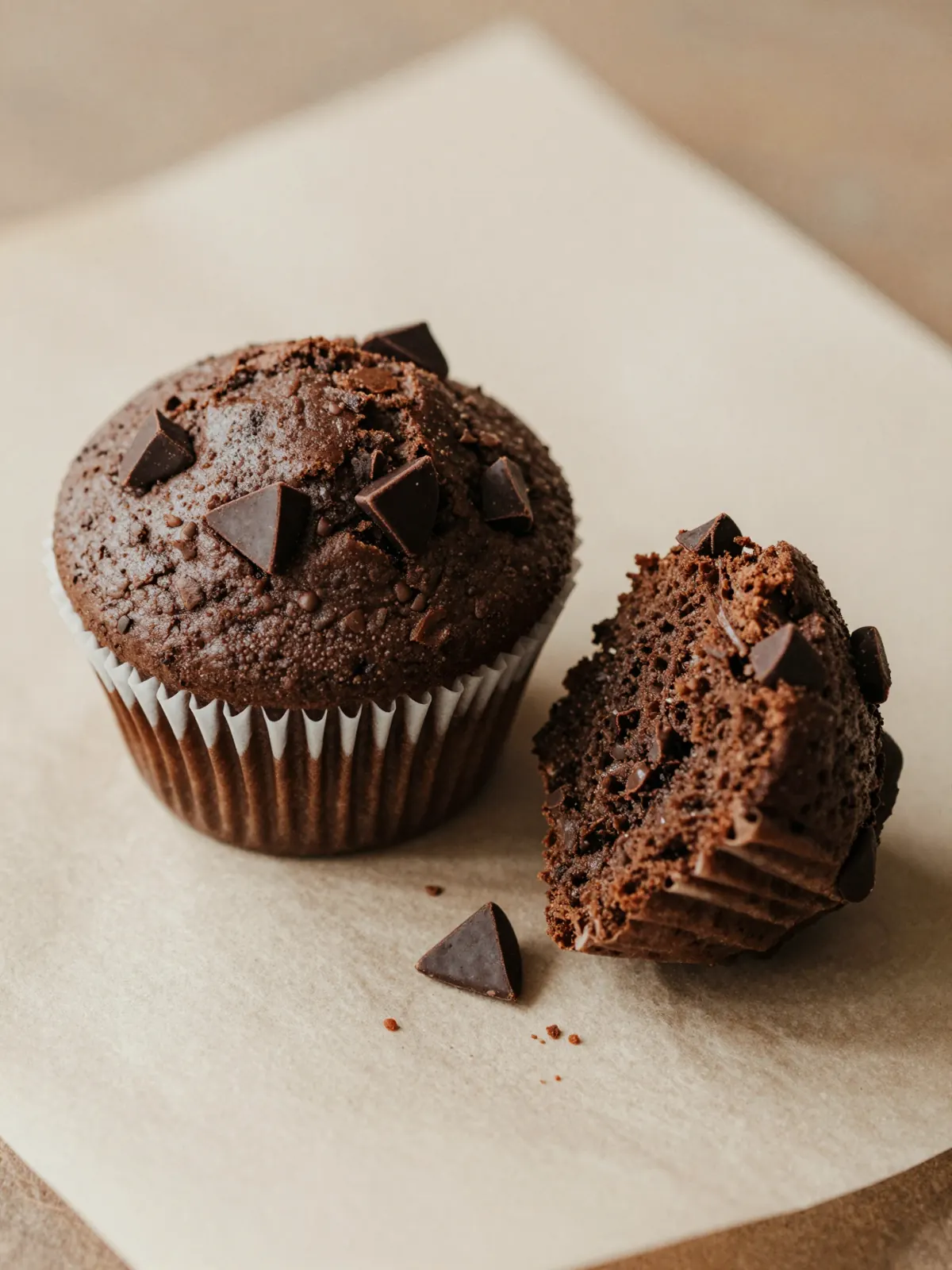 A triple chocolate muffin broken in half