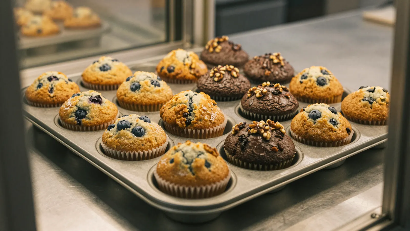 A tray of chilled muffins: blueberry, triple chocolate and banana walnut