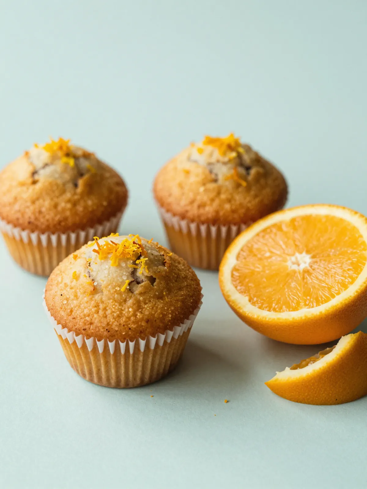 Orange muffins beside a halved orange